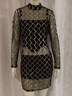 IRIS Sheer Mesh Gold Sequin Diamond Mock Neck Bodycon Mini Dress Size Small